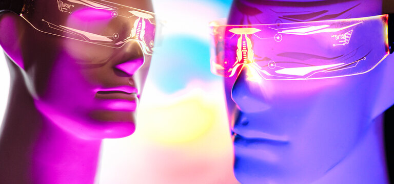 Digitally generated image of cyborgs with smart eyeglasses