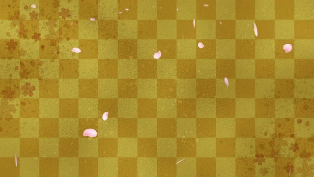 金屏風の背景に桜が舞い落ちる動画