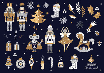  Gold Nutcracker. Set. Magic vector illustration.