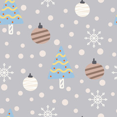Christmas tree and snowflake seamless pattern. New Year Vector illustration in Scandinavian style