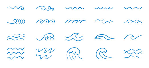 Wave sea line doodle icon set. Hand drawn sketch water wave outline. Simple curve, scribble aqua flow. Isolated vector illustration.