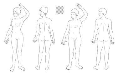 Human body full body illustration set transparent background solid line, man, woman, front side medical, fashion style