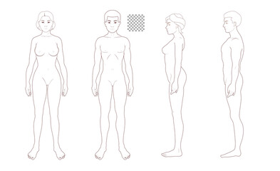 Human body full body illustration set transparent background solid line, man, woman front & side, medical, fashion style