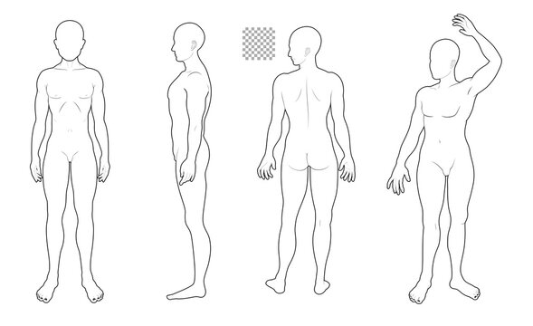 Human body full body illustration set transparent background solid line, man, front & side back medical, fashion style