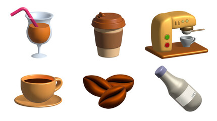 coffee 3d icon set with coffee beans, coffee in disposable cup and machine 3d illustration