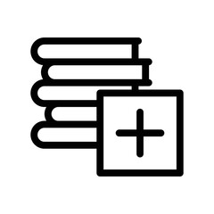 Add to reading list icon with books and plus in black outline style