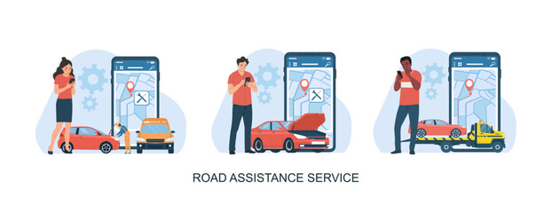 Set for roadside assistance service concept. Vector illustration.
