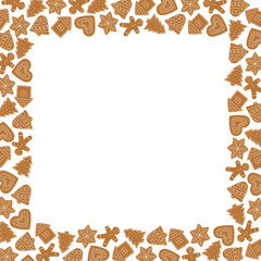 Gingerbread cookies square frame. Winter homemade sweets pattern on white background