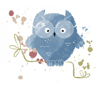 Cute baby owl watercolor illustration. Cartoon blue owl drawing. Watercolor bird illustration