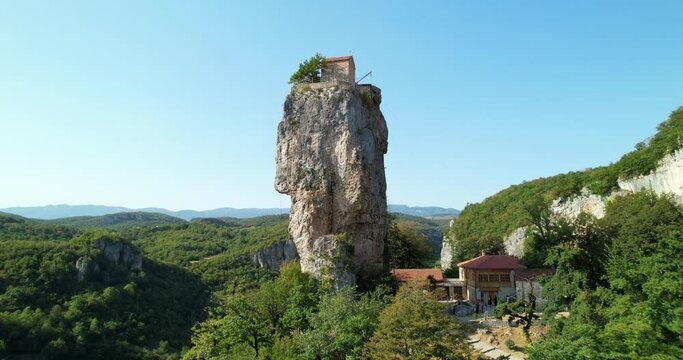 A monastery on top of a cliff. The pillar of Katskhi in Georgia. The Spaso-Voznesensky Monastery on the top of the pillar. Aerial view