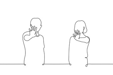 man and women stand with their hands forward in protest - one line drawing vector. concept call to stop