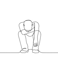 man squatting with his head down and covering his face - one line drawing vector. concept fatigue, crisis, burnout, sobs