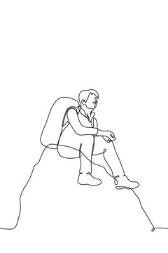 recommend clip art: traveler with backpack on his back sits on top of a mountain - one line drawing vector. concept of lonely traveler, climber, metaphor to get to the goal