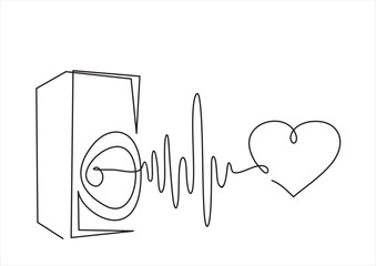 Continuous one line drawing of music column and heart as line drawing on white background. Vector