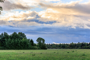 Dark thunderclouds over the fields in Siebenbrunn near Augsburg