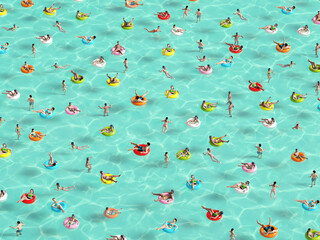 people relaxing on donut in the pool holidey idyllic. High view from above. 3D rendering