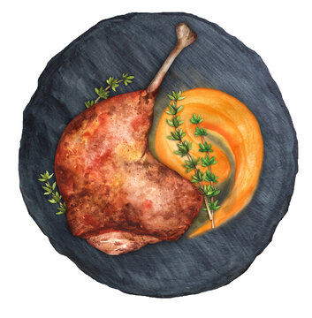 Roasted duck leg confit with pumpkin puree watercolor