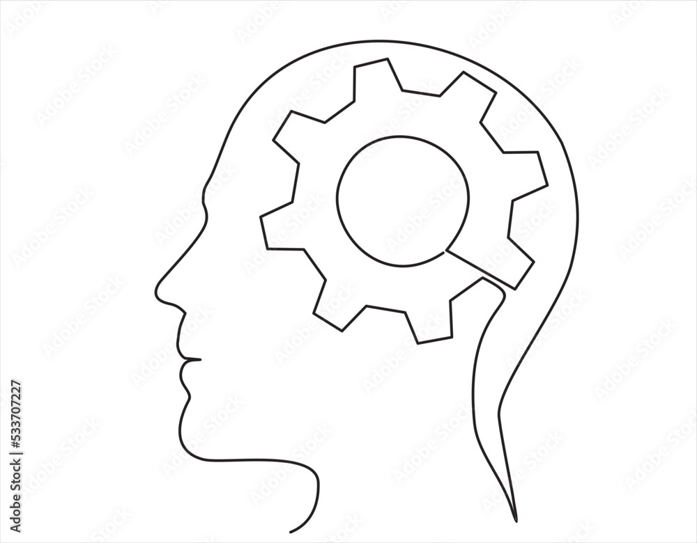 Poster continuous one line drawing of man head and gears inside as line drawing on white background. vector