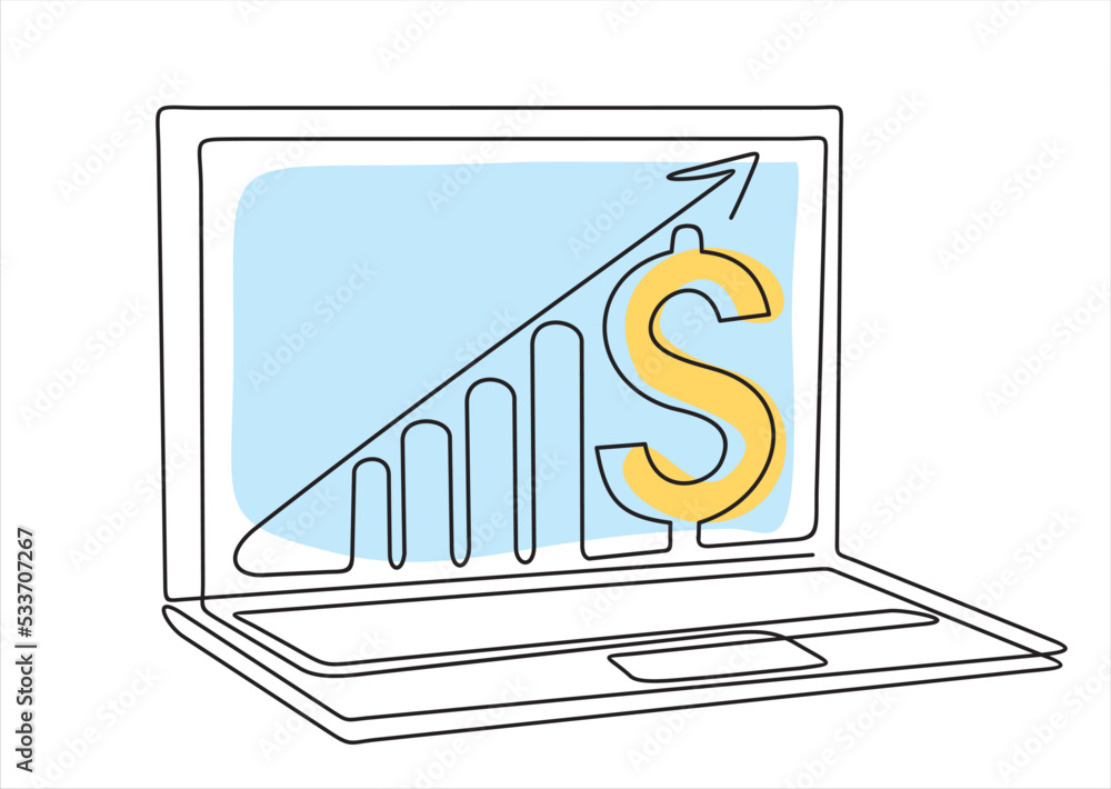 Poster single one line drawing of increasing up arrows bar graph sign and dollar sign on screen laptop. bus