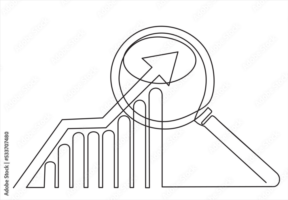 Poster continuous one line drawing of increasing up arrows bar graph and magnifying glass. search. hand dra