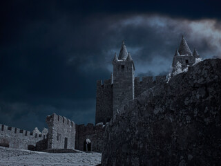 Creepy medieval castle by night