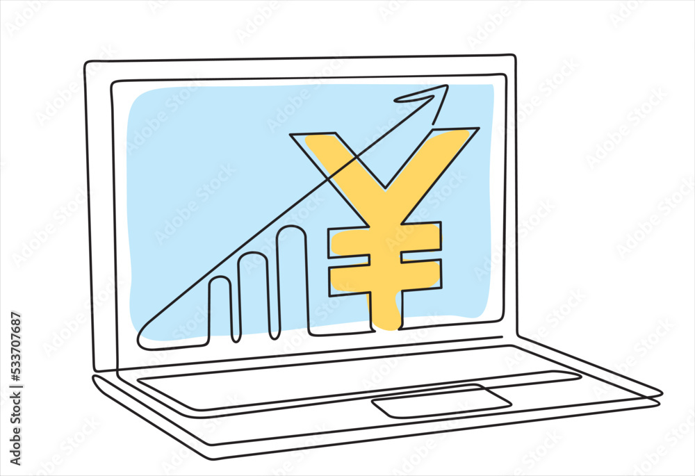 Poster single one line drawing of increasing up arrows bar graph sign and chinese yuan sign. on screen lapt