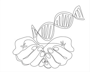 One continuous line drawing of hands holding DNA. vector illustration