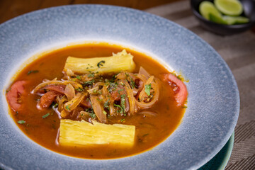 Typical peruvian food and drinks, sweaty fish