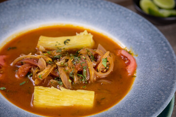 Typical peruvian food and drinks, sweaty fish