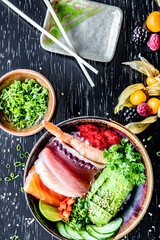 Typical peruvian food and drinks, variety of sushi