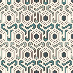 Honeycomb seamless pattern. Hexagon mosaic tiles ornament. Ethnic surface print. Repeated geometric figures background. Ornamental wallpaper. Modern geo design digital paper. Vector abstract.