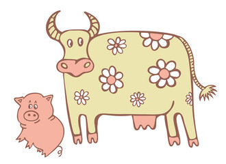 Cow in camomiles and little pig. Cute domestic animals. Doodle vector illustration isolated on white background.