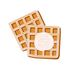 Belgian waffles with whipped cream. Hand drawn watercolor illustration. Isolated on white background.