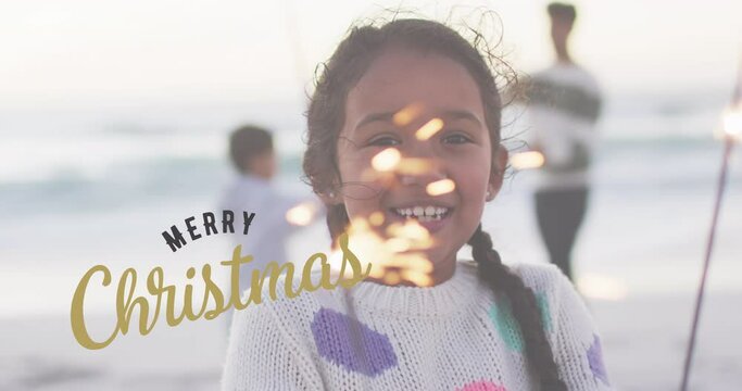 Animation of merry christmas text over biracial family at beach