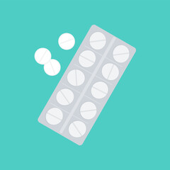 Illustration of a pack of round pills on mint background.