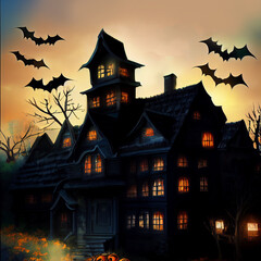 Obraz premium Halloween background with pumpkins and horror house
