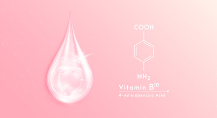 Serum drop water vitamin B10 pink and structure. Vitamins complex with collagen oxygen bubbles. Banner design template skin care cosmetics solution. Beauty medical concepts. 3D Realistic Vector EPS10.