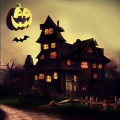 Fototapeta na wymiar Halloween background with pumpkins and horror house