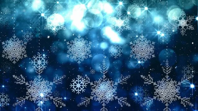 Animation of white christmas snowflakes and falling show with glowing lights on black background