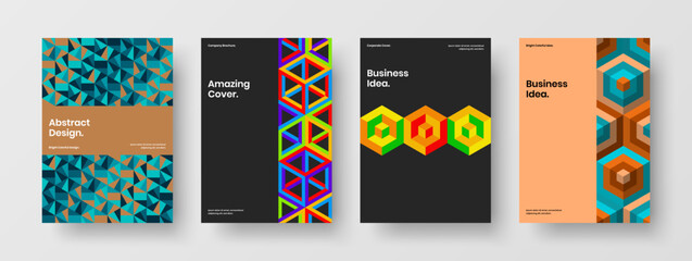 Bright mosaic shapes brochure illustration set. Amazing magazine cover vector design concept collection.