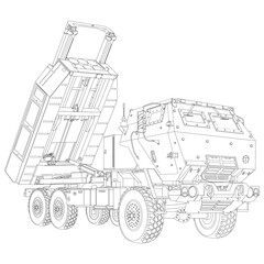 HIMARS coloring page in realistic style. M142 High Mobility Artillery Rocket System. Tactical truck.