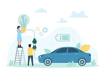 Electric car charging on charger station, eco transport technology vector illustration. Cartoon tiny people holding light bulb and plug with cable wire to charge engine of parking modern auto vehicle