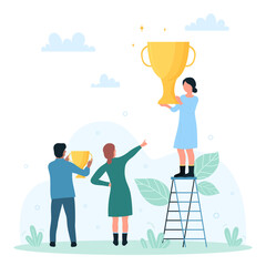 Victory celebration with trophy for champion or team of winners vector illustration. Cartoon happy tiny person holding gold cup, personal award for achievement. Career development, reward concept