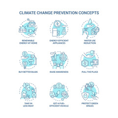Climate change prevention turquoise concept icons set. Avoid global warming idea thin line color illustrations. Isolated outline drawings