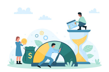 Cost optimization of services and products vector illustration. Cartoon tiny people reduce price with level meter, optimize efficiency of production, budget cuts and business company organization - obrazy, fototapety, plakaty
