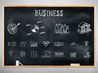 Business strategy concept hand drawn on blackboard, banking, trading and business illustration