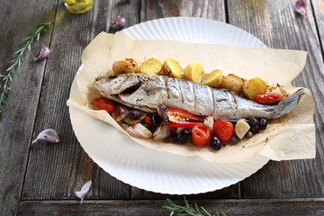 Roasted sea bass served with vegetables, on a plate, top view. Baked fish on a parchment paper.