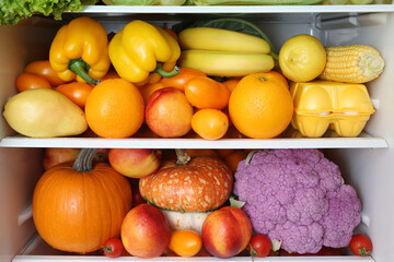 Content of open refrigerator. Color diet. Organic food, fruits, vegetables. Rainbow food in fridge, refrigerator. Healthy, dietary nutrition. Multicolored nutrition. Products in refrigerator, freezer