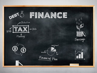 Finance strategy concept hand drawn on blackboard, finance, loan and insurance abstraction