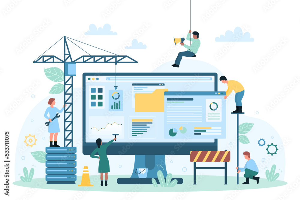Wall mural website under construction vector illustration. cartoon tiny people build and update structure of si